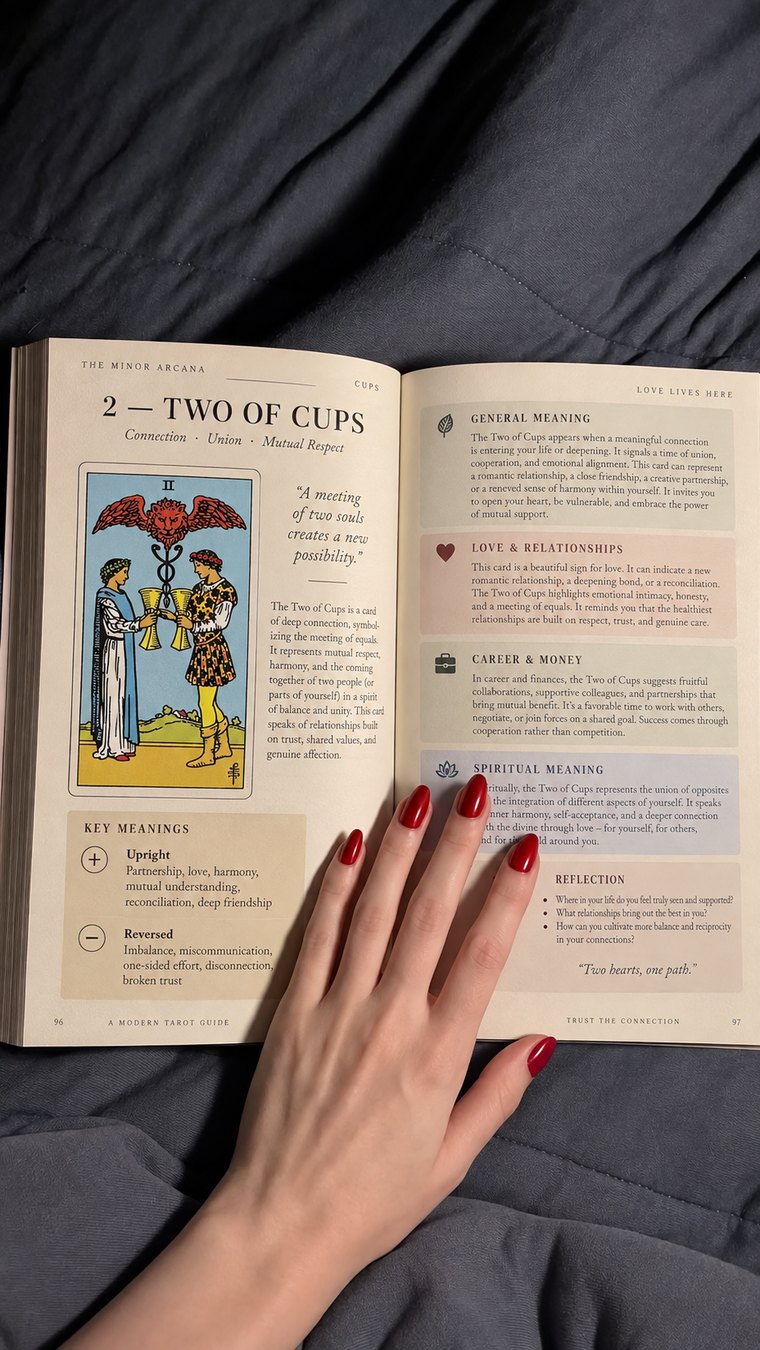 Customer photo: the Two of Cups page open on a bed